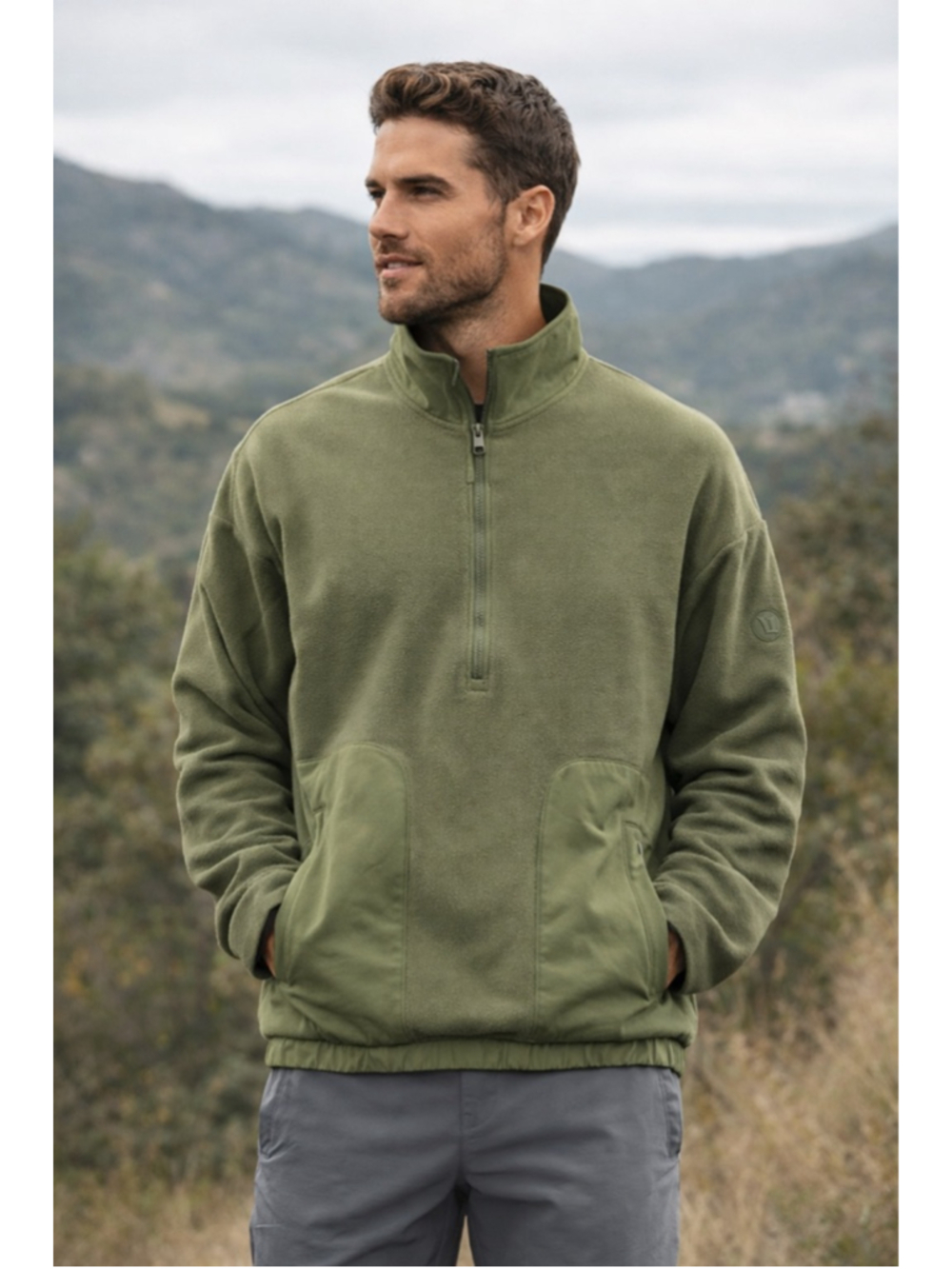 Vuori Fleece Jacket Men L Zip Performance Yoga Athleisure Outdoor Olive Green